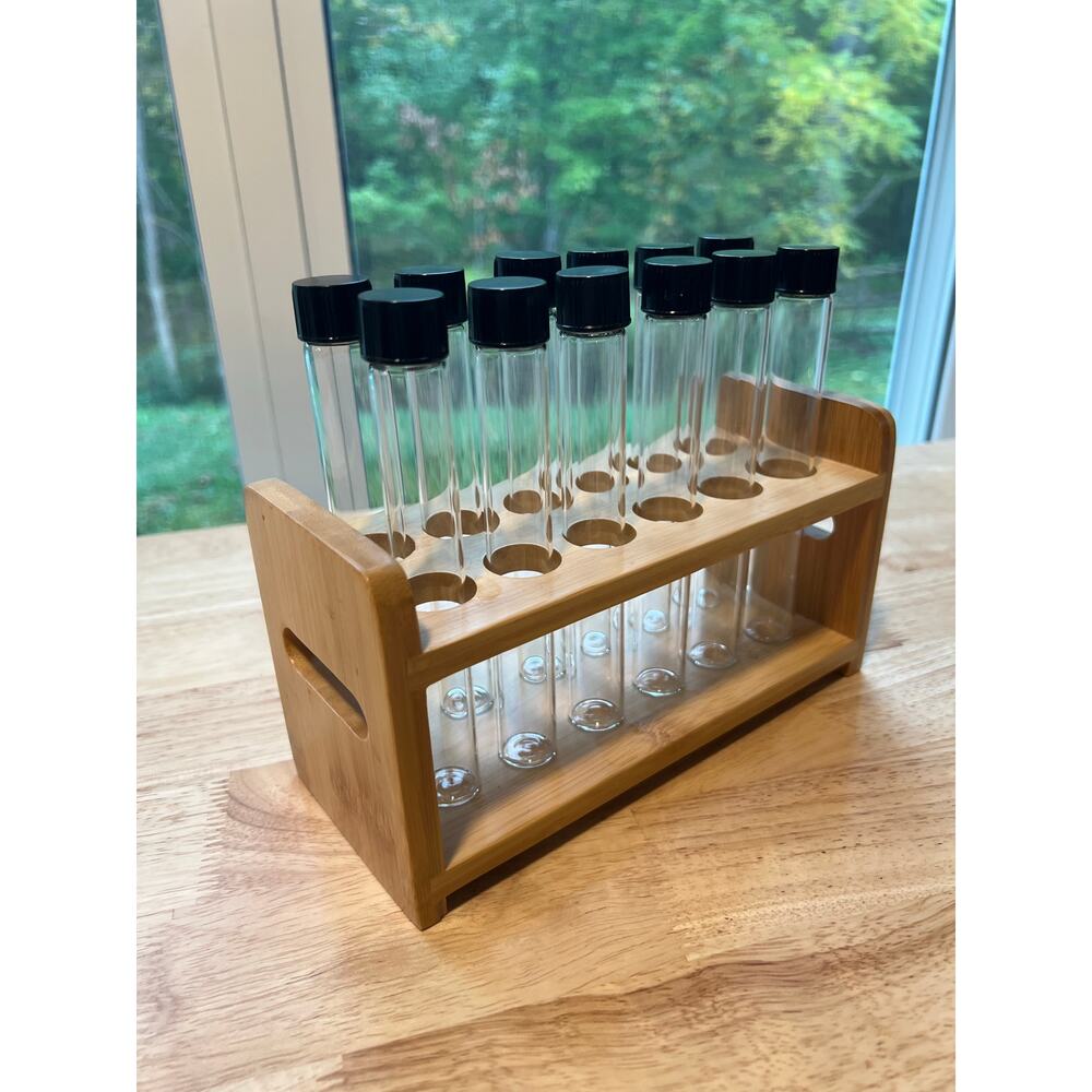 12 Capped Glass Test Tubes with Wood Stand Display Rack Science Lab Testing - Picture 5 of 12